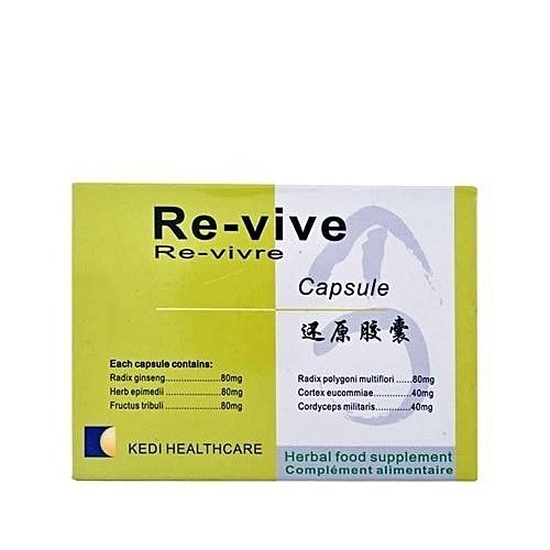 If your sex life is suffering from impotency or erectile dysfunction, you should know that you are not alone. In fact, more than half of all men over 40 years have difficulties getting or maintaining erection. Sad but true, some younger men also suffer erectile dysfunction (ED).Revive is a pre herbal product that boost sexual performance. It enhances the relaxation of the corpora cavernosa and delays the lengthen period of the tunica albuginea, thereby increasing libido and sustaining erection firm enough for sexual satisfaction. Scientifically, research has proven that this product boost the excitability of impulses from the brain and local nerves, hence allowing blood to flow in and fill the spaces within the tissue.Sex is probably one of the most enjoyable parts of your life. It may enhance your relationship with your partner. Confidence is one of the biggest factors in sex appeal. Ask for Re-vive, you will be on the right track to a better moment of intimacy.